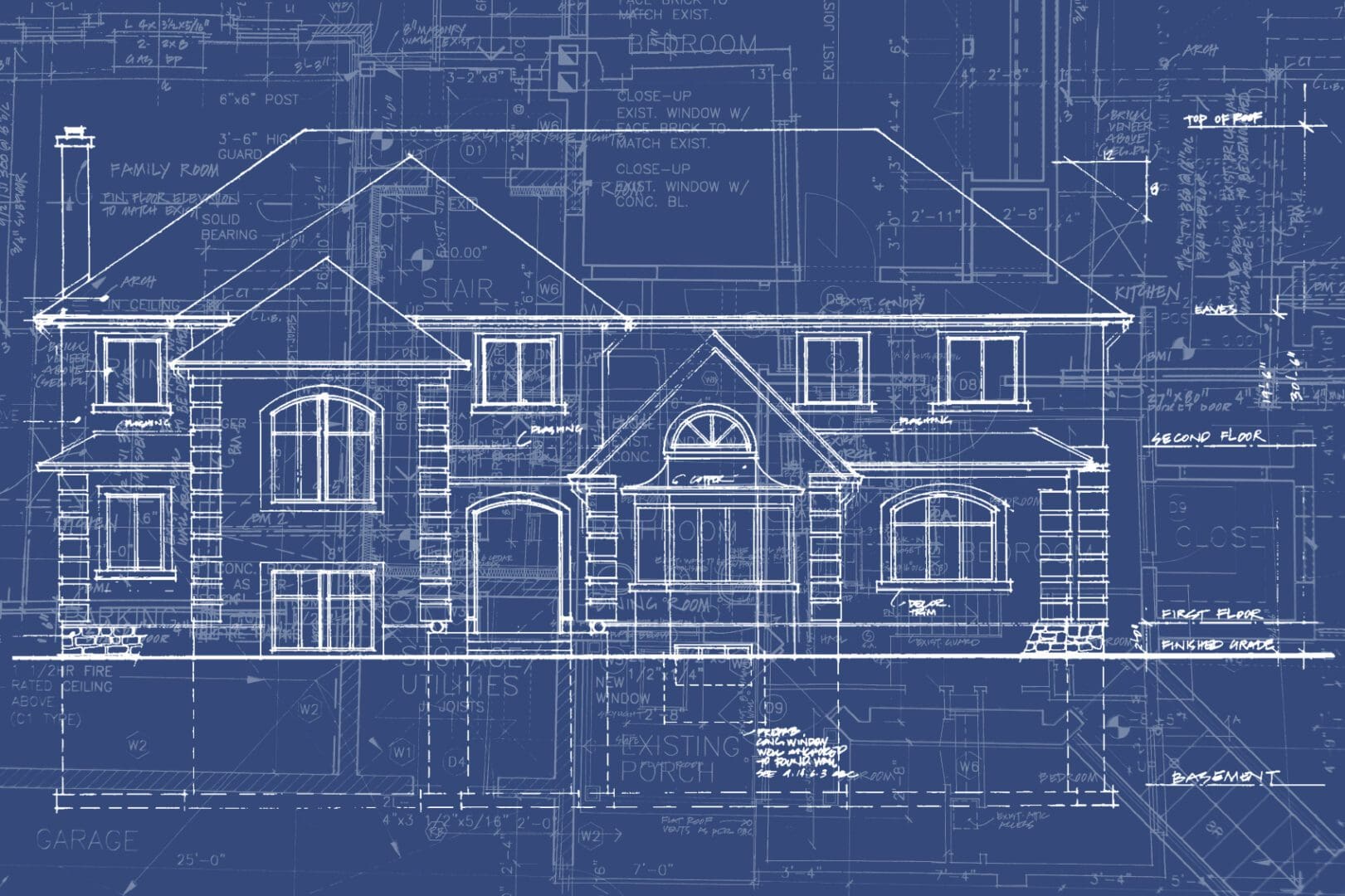 A blue print of a house with a lot of windows
