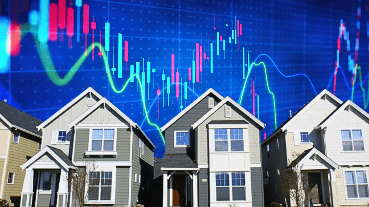 A blue background with houses and a graph in the background.